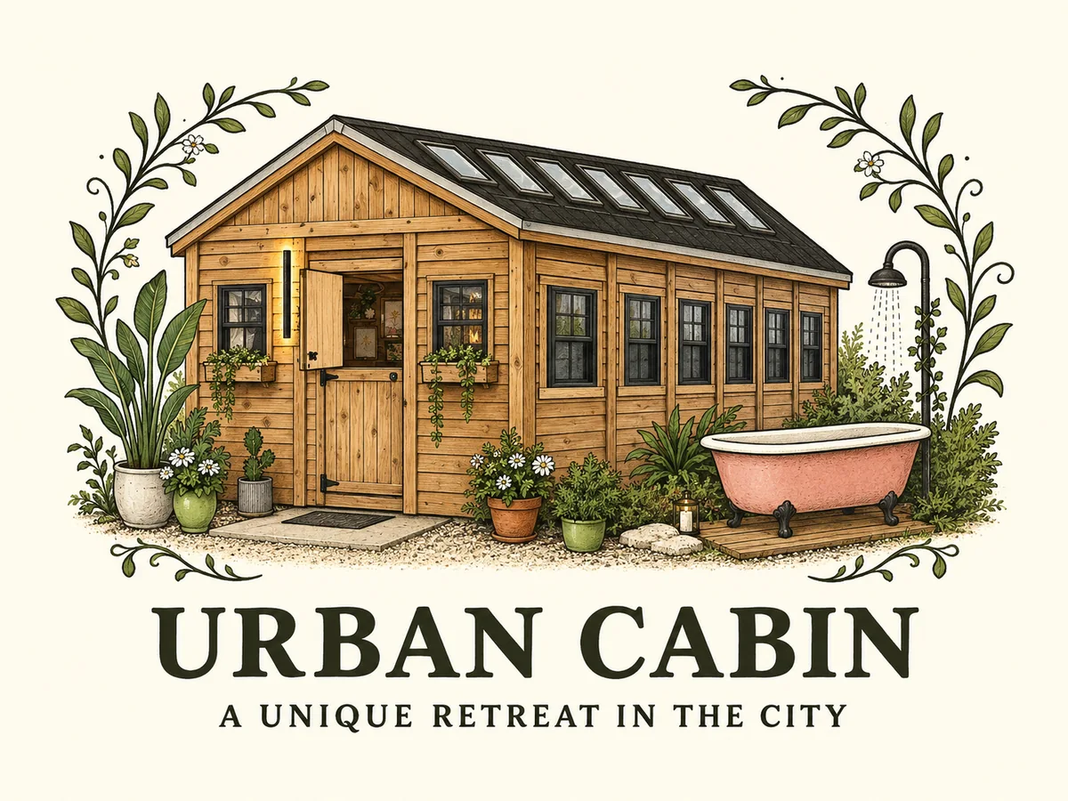 Illustrated Urban Cabin branding showing the cedar guest cabin and outdoor tub